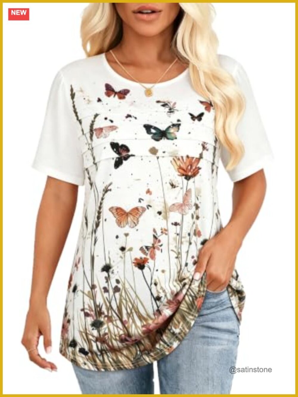 Womens Short Sleeve T-Shirt Pleated Loose Fit Casual Crew Neck Summer Top